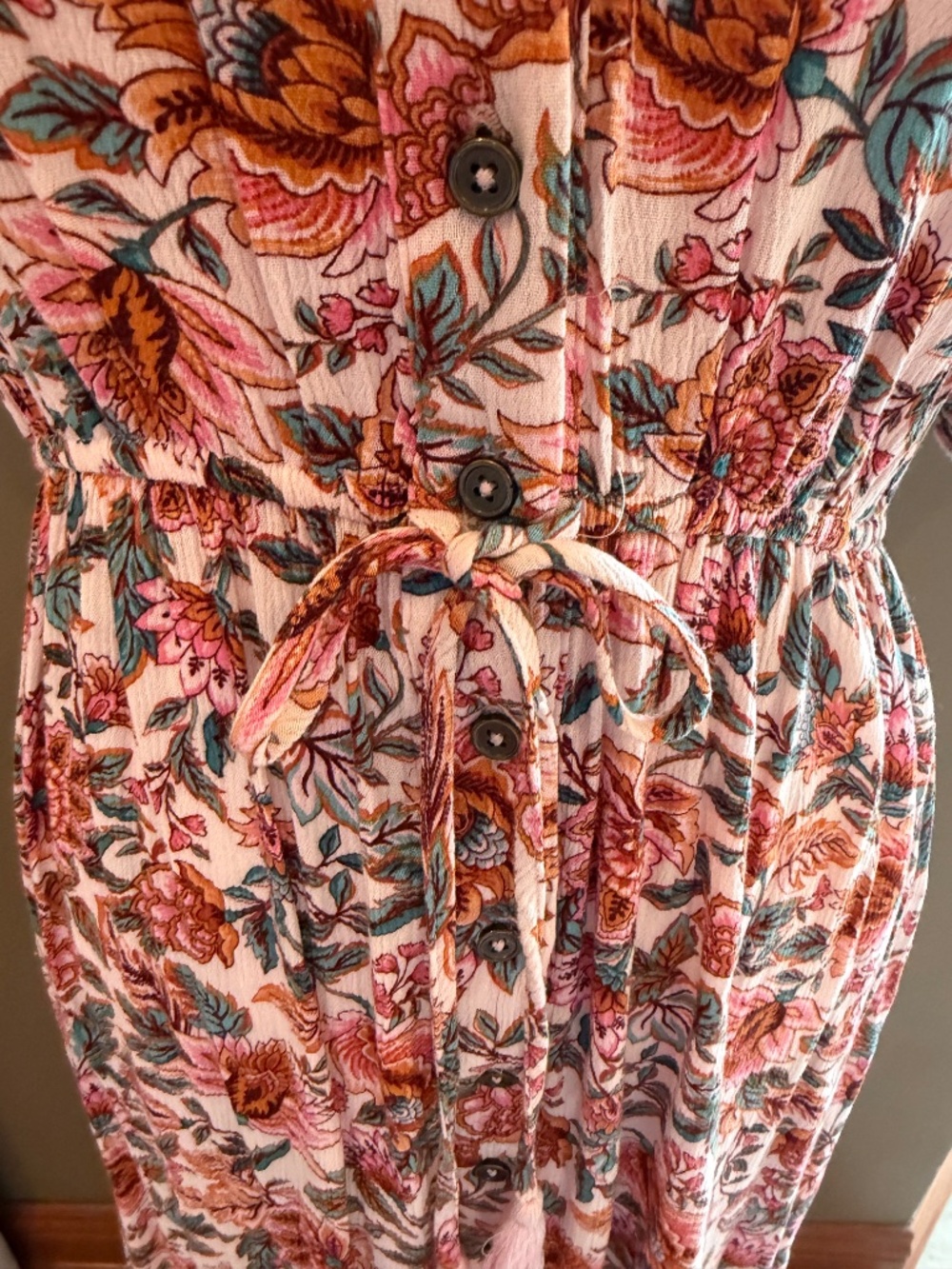 Indigo Rose Pink Floral Maxi Dress Button Down Tiered, V-neck, Size Medium - Picture 8 of 14